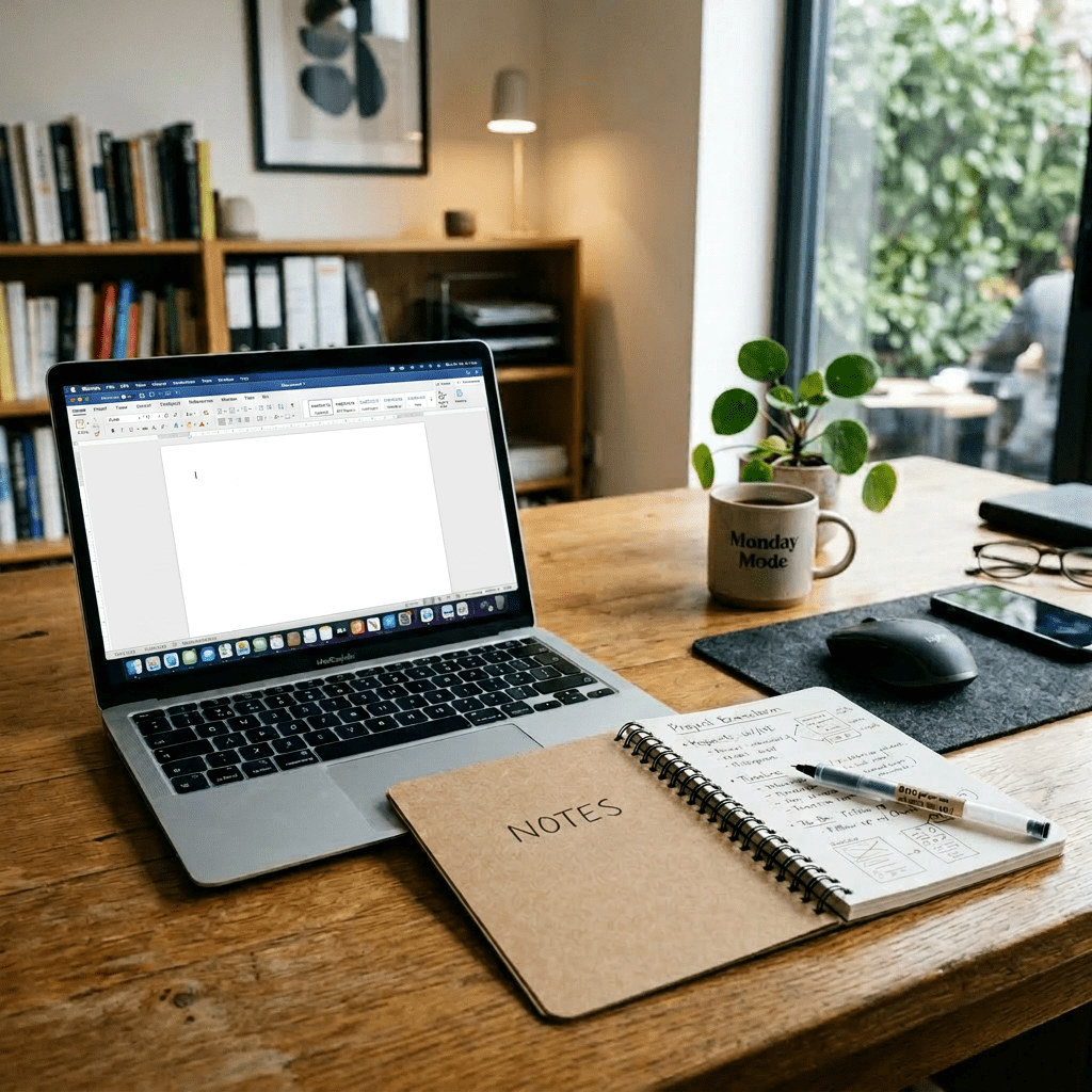 Laptop with project management app open beside 2024 notes notebook on wooden desk