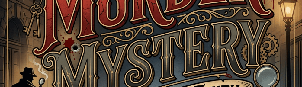 Crime scene outline on cobblestone street with detective silhouette and murder mystery text