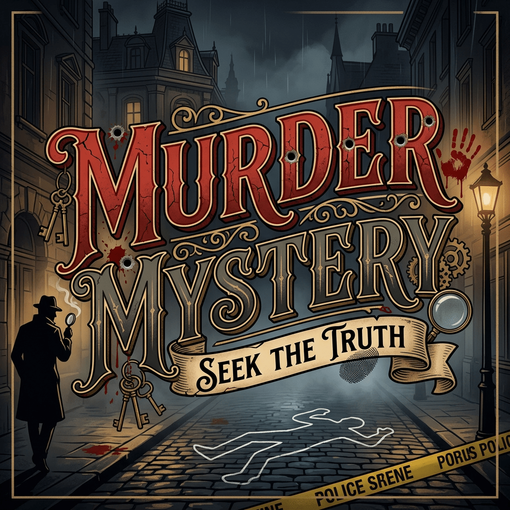 Crime scene outline on cobblestone street with detective silhouette and murder mystery text