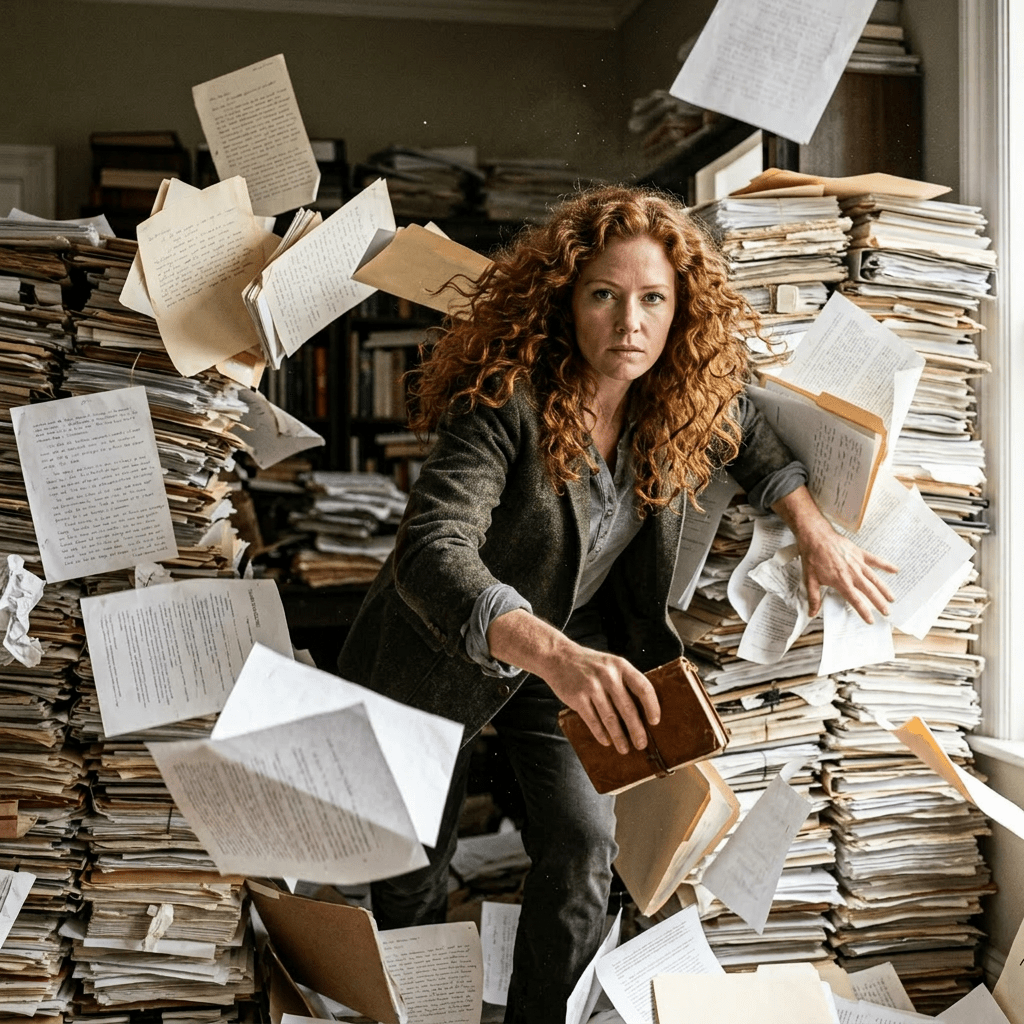Man surrounded by flying papers and stacks of documents in an office