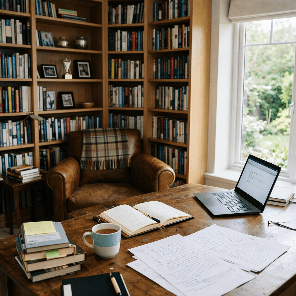 Woman writing in a notebook at a desk with a laptop, books, and papers