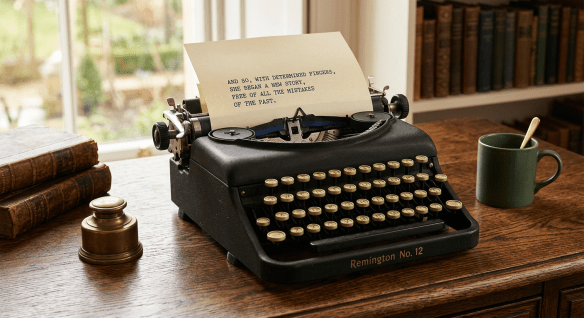 Remington No.12 typewriter with paper displaying motivational text about new beginnings