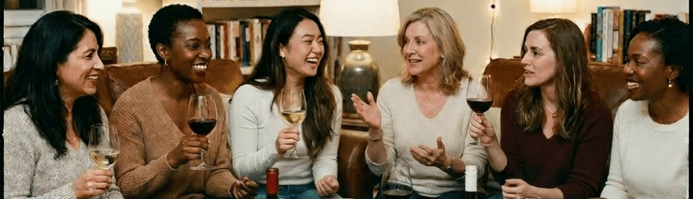 Six women sitting on sofas in a living room, holding books titled The Beast Within and glasses of wine, engaged in conversation.