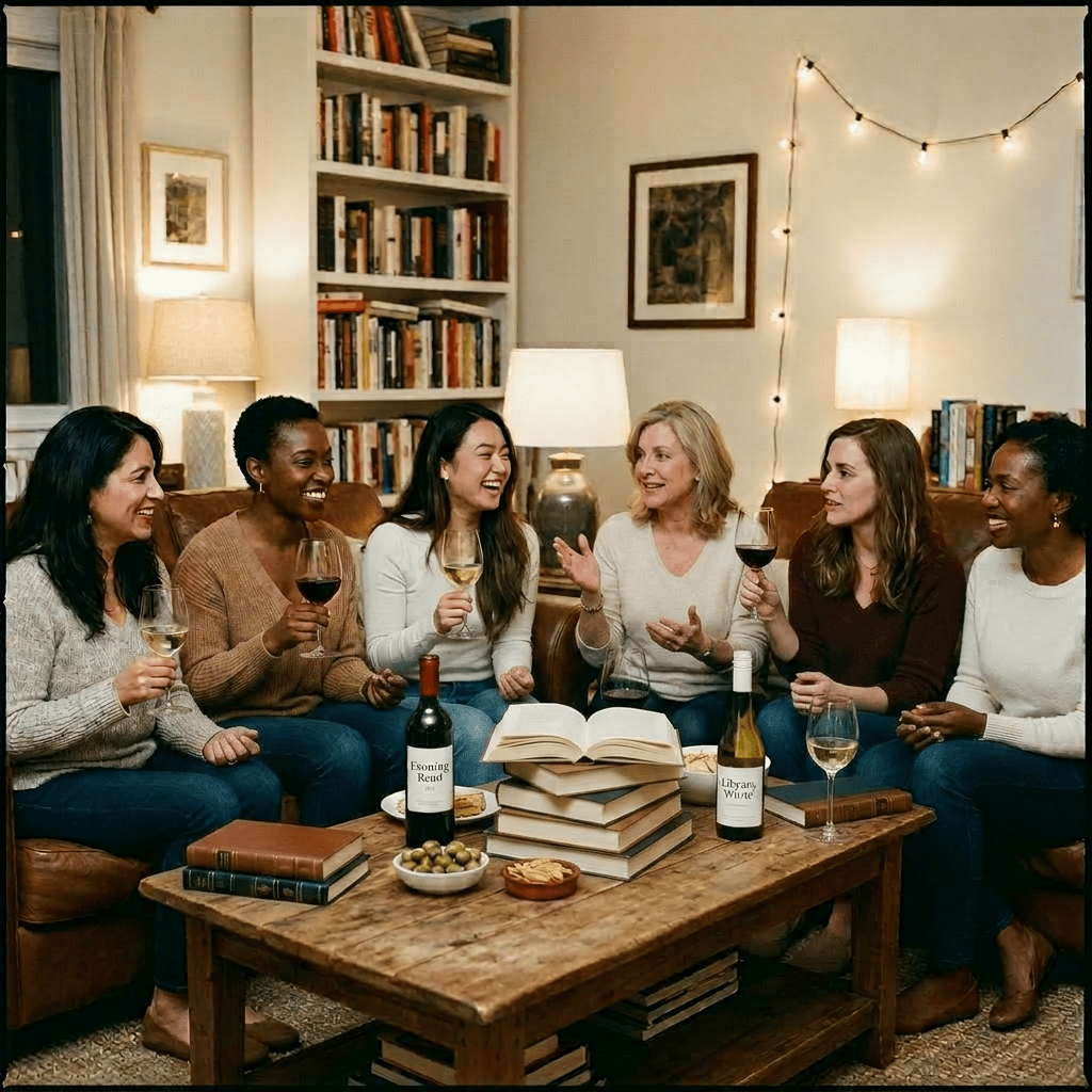 Six women sitting on sofas in a living room, holding books titled The Beast Within and glasses of wine, engaged in conversation.