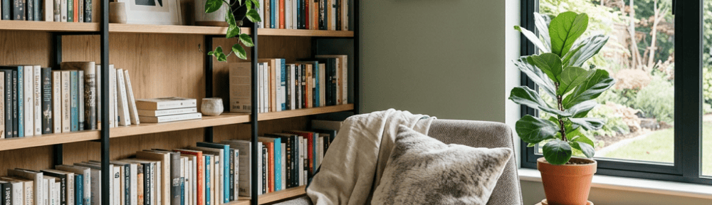 Modern quiet room, comfortable furniture, bookshelf