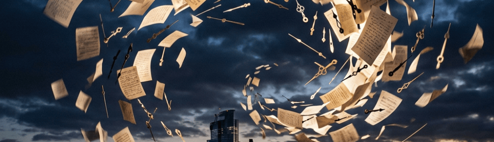 Musical sheets and clock hands swirling in a vortex over a city skyline during sunset.