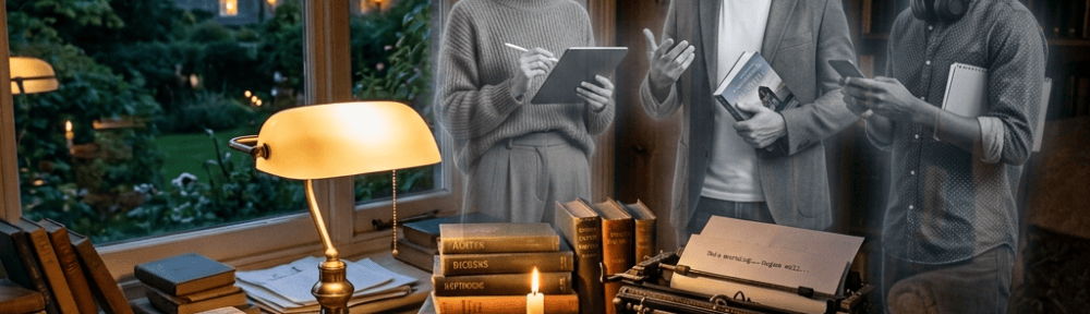 Cozy study with vintage books, typewriter, and three ghostly literary figures