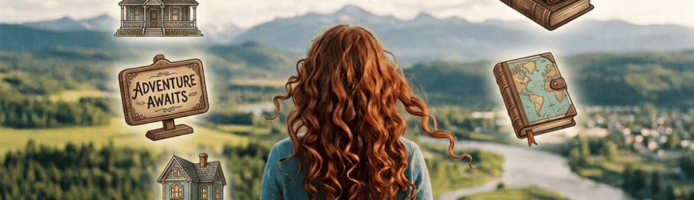 Woman looking at floating hats including graduation cap, artist beret, aviator hat, and more, over a green valley landscape