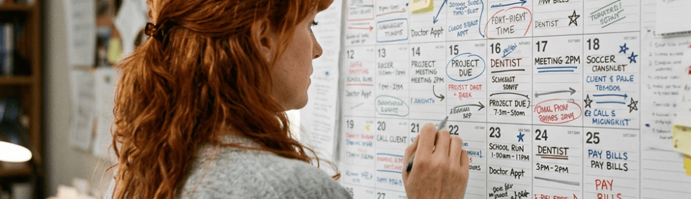 Woman looking at and marking a large monthly calendar full of appointments and notes